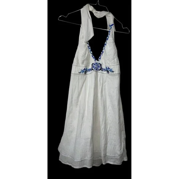 Becca by Rebecca V | Tops | Becca By Rebecca V White Halter Dress Top Blue  Floral Embroidery Size Large | Poshmark